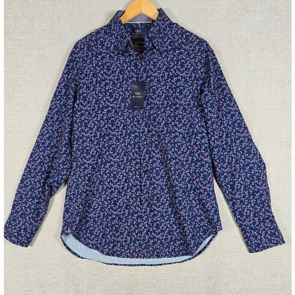 WRK Mens Floral Dress Shirt Navy Blue 4-Way Stretch Regular Fit Size 16 NEW